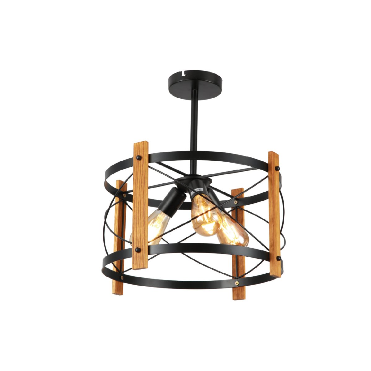 Main image of Caged Candle Industrial Retro Round Pendant Ceiling Light with 3xE27 Wood Black Finishing | TEKLED 159-17872
