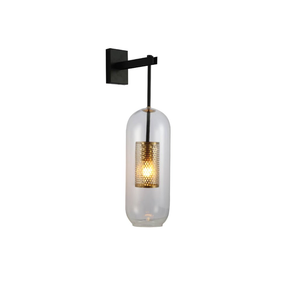 Main image of Clear Cylinder Glass Gold Cage Black Body Wall Light with E27 Fitting | TEKLED 151-19735