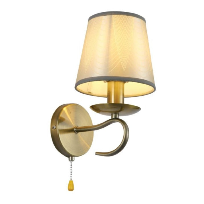 Main image of Grey Frustum Fabric Shade Antique Brass Vintage Wall Light E14 Pull Down Switch | TEKLED 151-19796