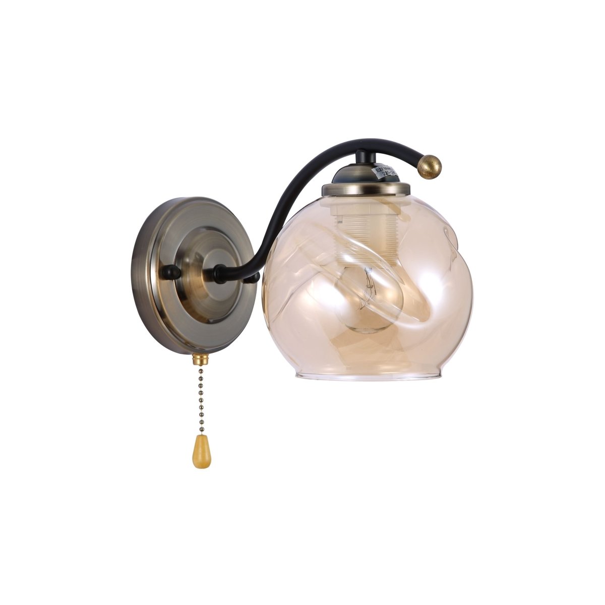 Amber Glass Black And Antique Brass Wall Light E27 And Pull Down Switch's main image.