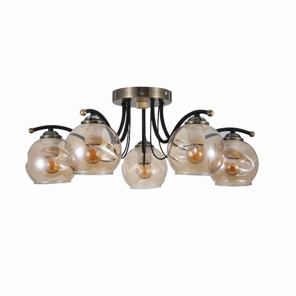Amber Glass Dome Black And Antique Brass Metal Semi Flush Ceiling Light 5Xe27's main image.