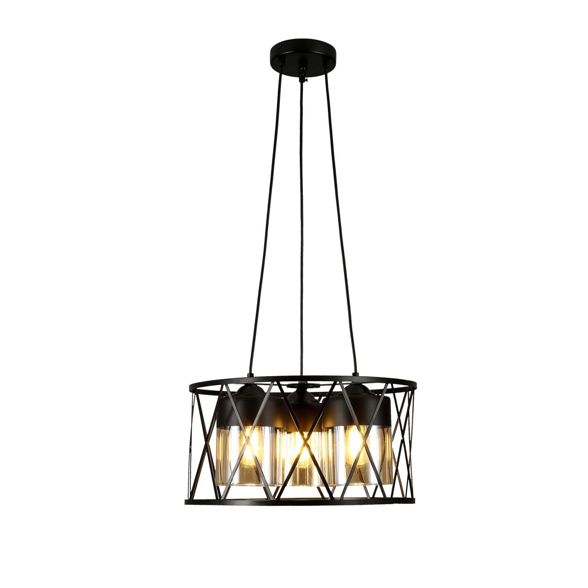 Black caged metal amber cylinder glass chandelier with 3xe27 main