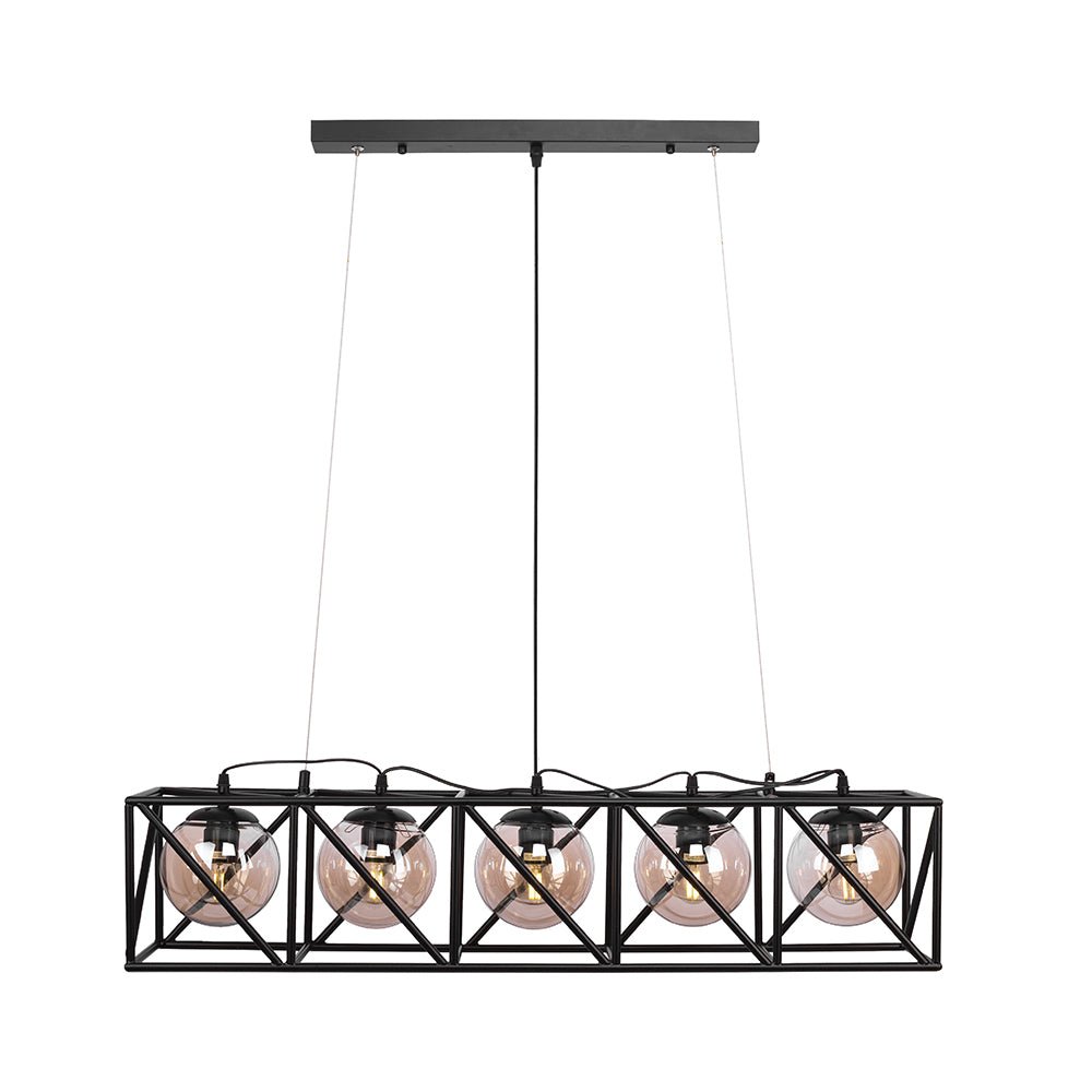 Black cuboid metal cylinder amber glass island chandelier with 5xe27 main