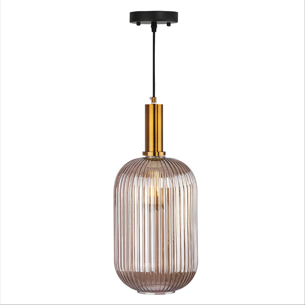main image of Sawyer Ribbed Fluted Reeded Maloto Lantern Amber Glass Pendant Ceiling Light E27 Gold Bronze Top D200 Long 156-19484