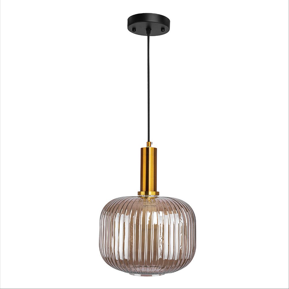 main image of Sawyer Ribbed Fluted Reeded Maloto Lantern Amber Glass Pendant Ceiling Light E27 Gold Bronze Top D255 mm 156-19486