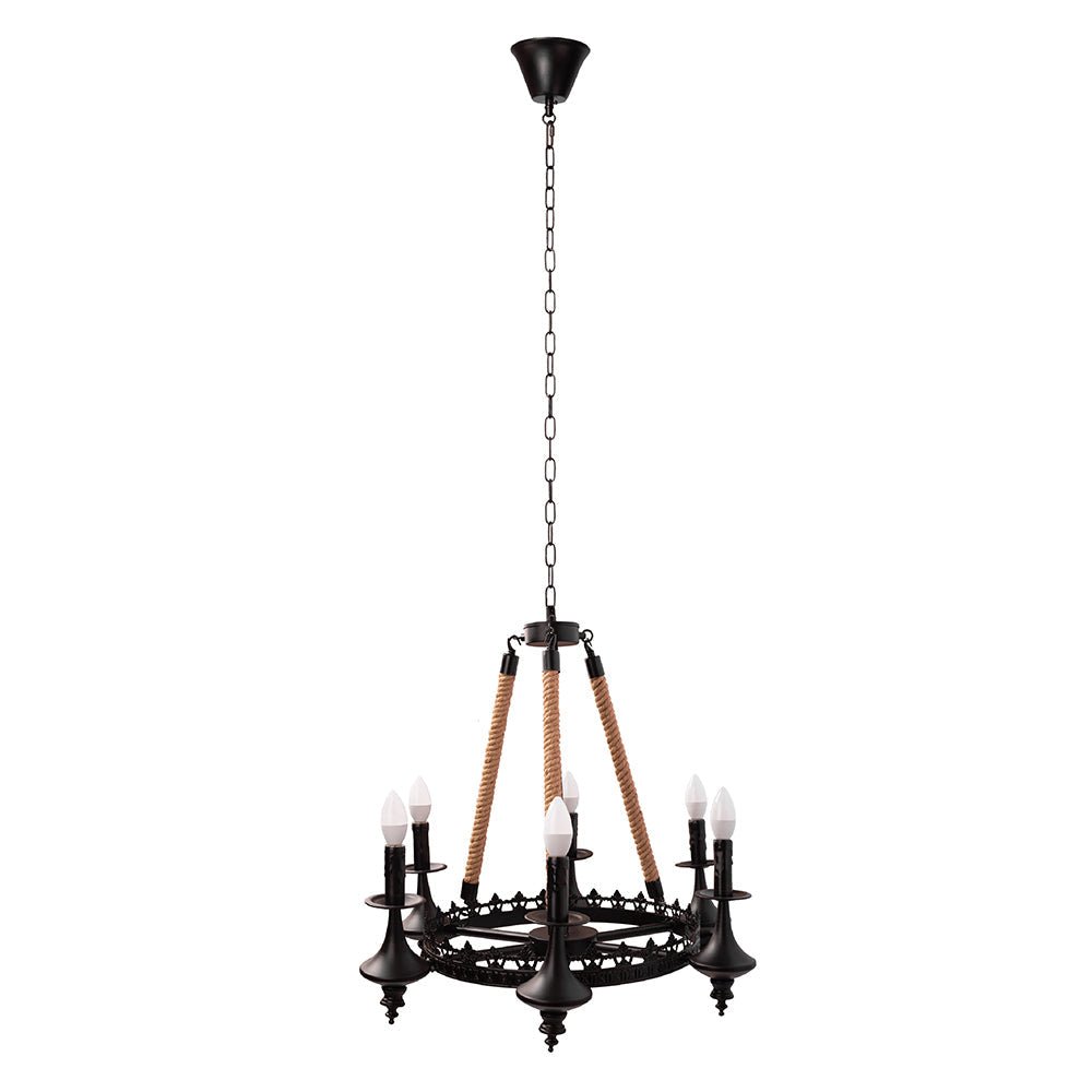 Matte black metal hemp rope chandelier with 6xe14 main