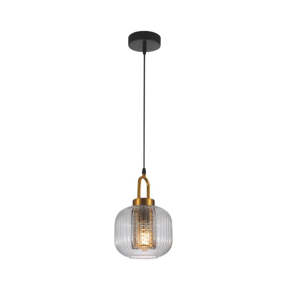 Main image of Sawyer Ribbed Fluted Reeded Maloto Lantern Clear Glass Pendant Ceiling Light E27 Gold Handled | TEKLED 150-18702