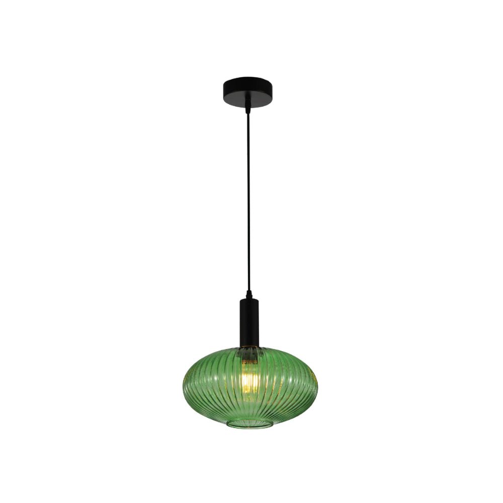 Main image of Sawyer Ribbed Fluted Reeded Maloto Lantern Green Glass Pendant Ceiling Light E27 Black Metal Top | TEKLED 150-18716