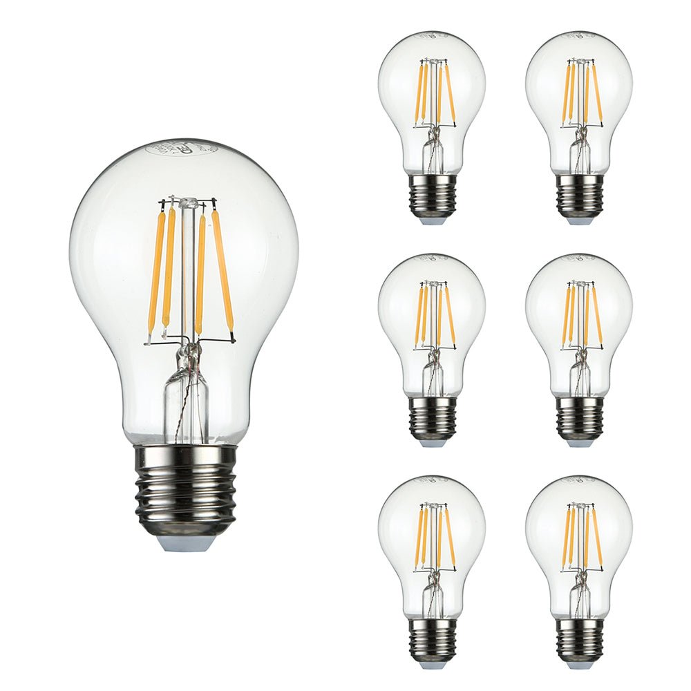 Close up of led filament gls bulb a60 e27 edison screw 4w 400lm warm white 2700k clear pack of 6