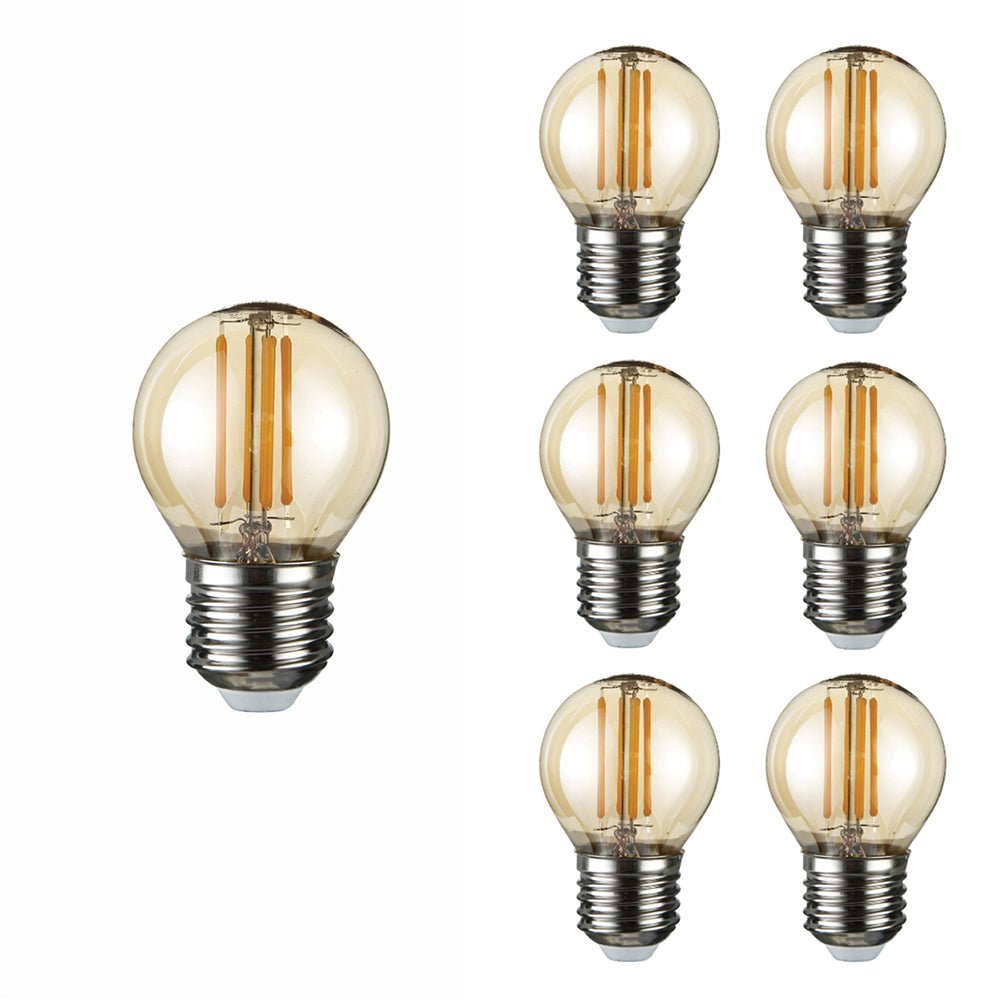 Close up of led filament bulb golf ball g45 e27 edison screw 4w 400lm warm white 2500k amber pack of 6