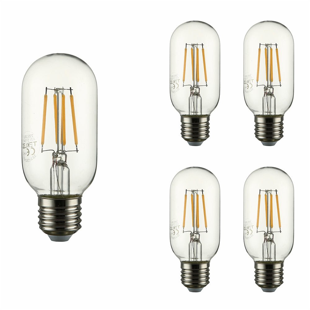 Close up of led filament bulb tubular t45 e27 edison screw 4w 400lm warm white 2700k clear pack of 4