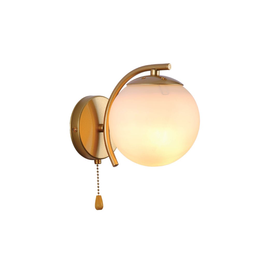 Main image of Opal Globe Glass Gold Metal Arc Body Vintage Retro Wall Light with Pull Down Switch E27 Fitting | TEKLED 151-19786