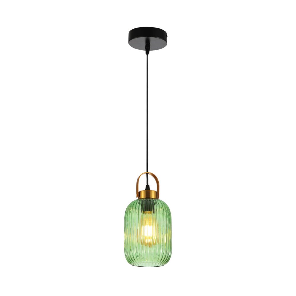 Main image of Sawyer Ribbed Fluted Reeded Maloto Lantern Green Glass Pendant Ceiling Light E27 Gold Handled | TEKLED 150-18704