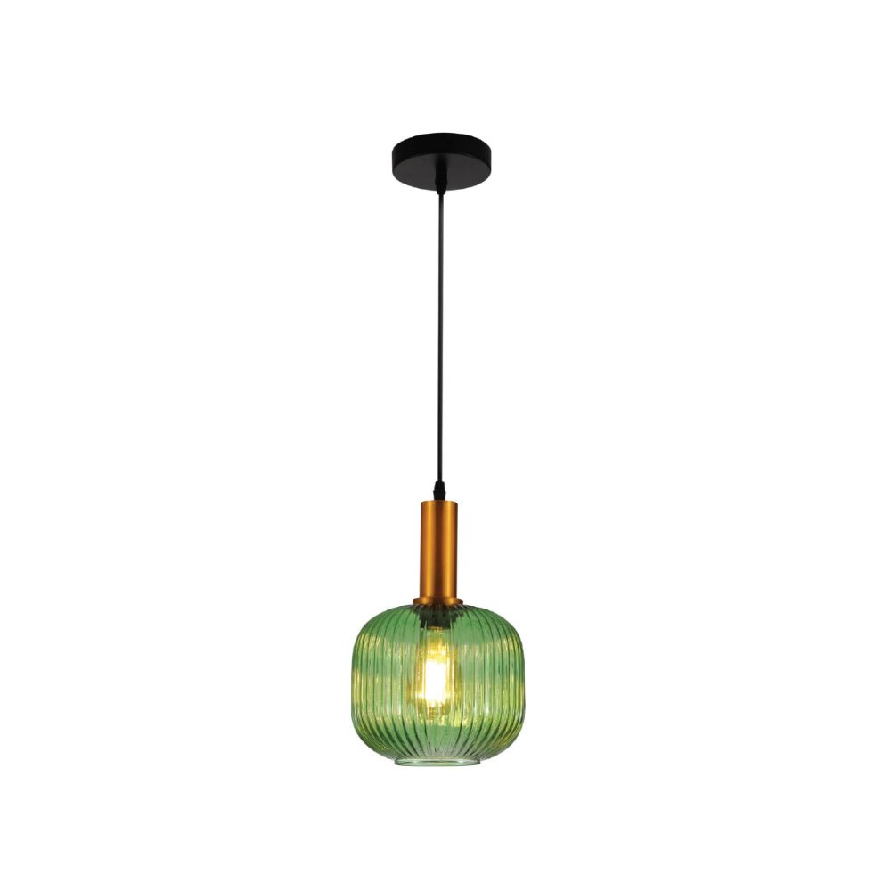 Main image of Sawyer Ribbed Fluted Reeded Maloto Lantern Green Opal Purple Amber Glass Pendant Ceiling Light E27 Gold Metal Top | TEKLED 150-18718