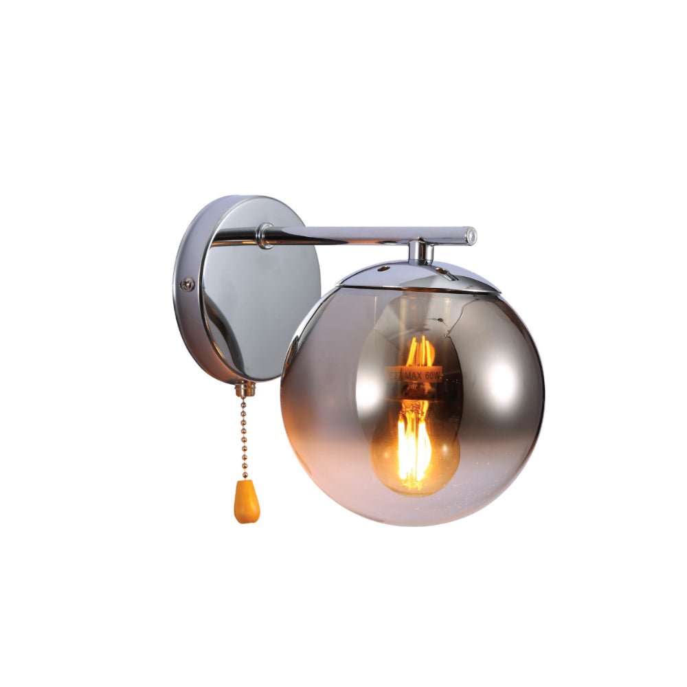 Main image of Smoky Globe Glass Chrome Metal Body Sputnik Molecule Modern Wall Light with Pull Down Switch E27 Fitting | TEKLED 151-19792