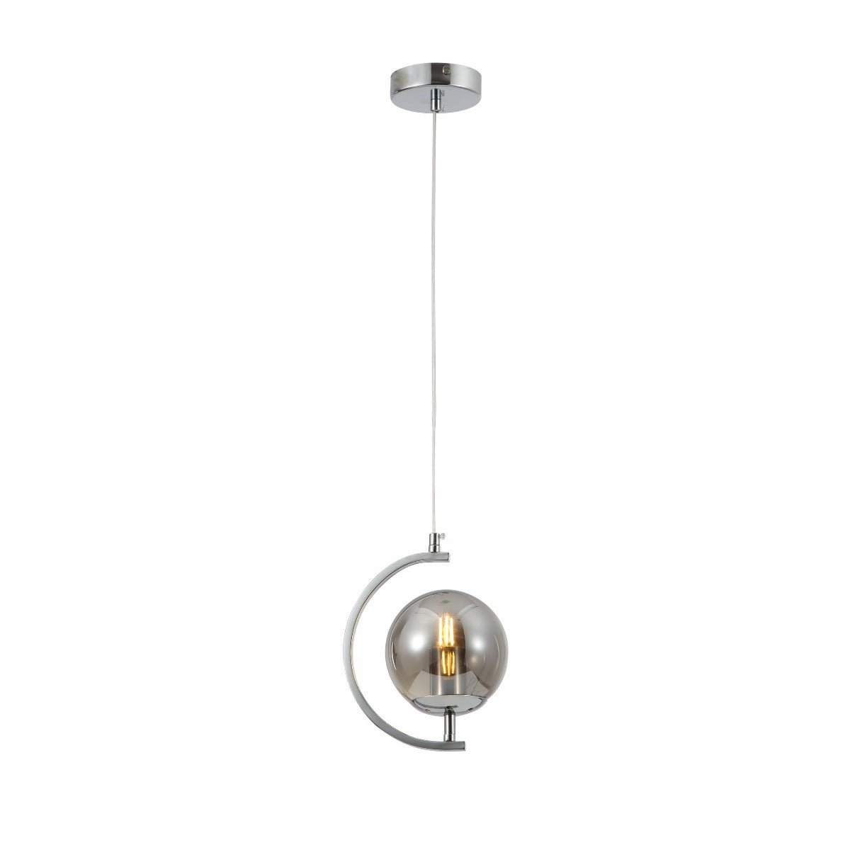 Main image of Smoky Globe Glass Crescent Chrome Metal Modern Ceiling Pendant Light E27 | TEKLED 159-17798