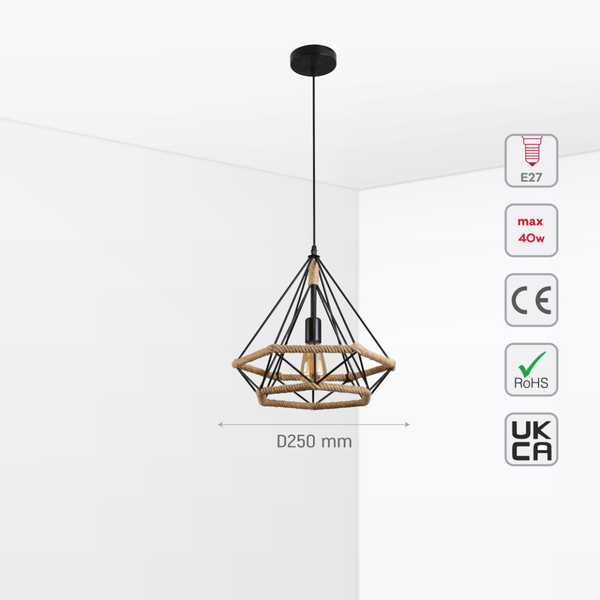 Size and certifications of Manila Hemp Rope Diamond Pendant Light Black E27 159-18122