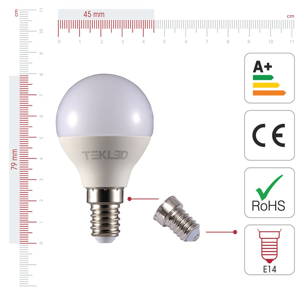 Visual representation of product measurement and certification of canes led golf ball bulb p45 e14 small edison screw 6w 4000k cool white pack of 6/10