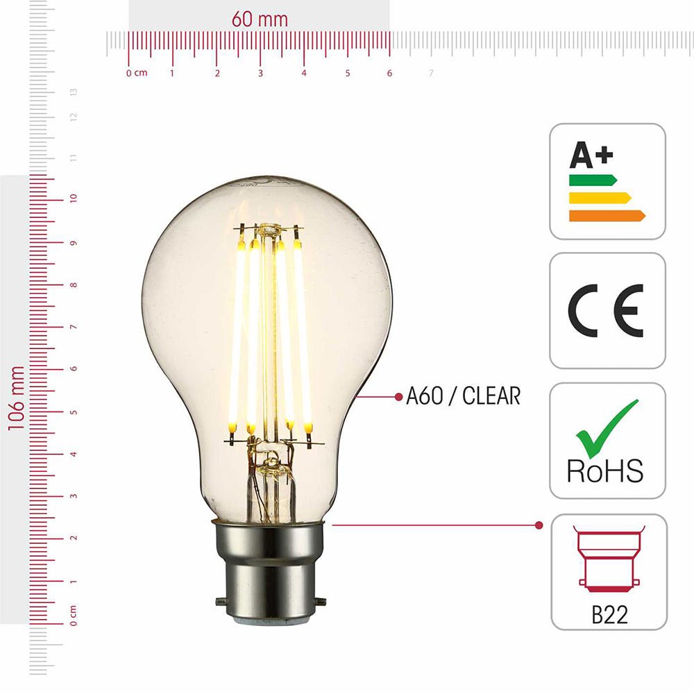 Visual representation of product measurement and certification of led dimmable filament gls bulb a60 b22 bayonet cap 6w 600lm warm white 2700k clear pack of 2