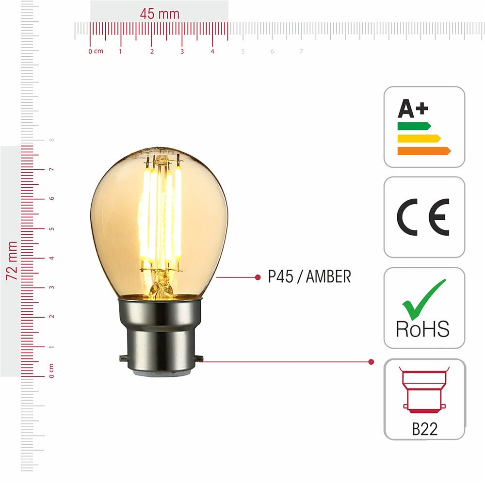 Visual representation of product measurement and certification of led filament bulb golf ball g45 b22 bayonet cap 4w 400lm warm white 2500k amber pack of 6