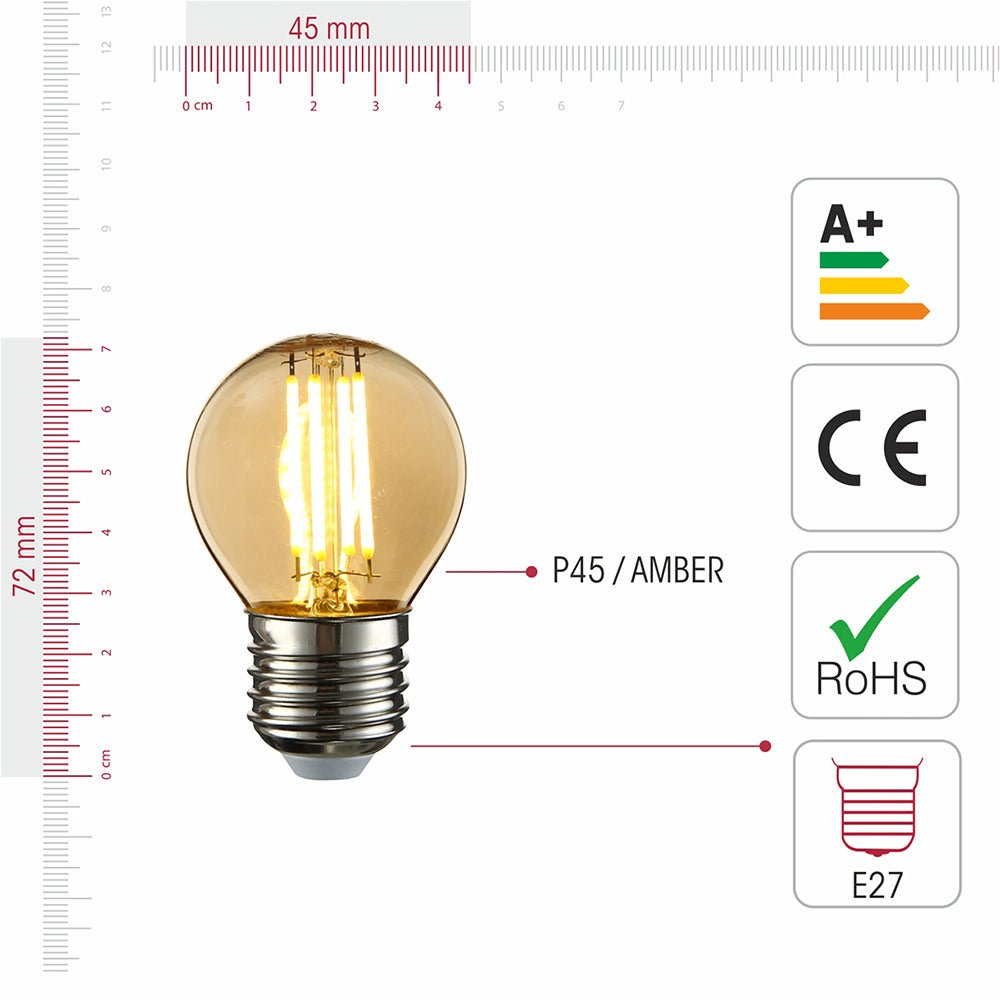 Visual representation of product measurement and certification of led filament bulb golf ball g45 e27 edison screw 4w 400lm warm white 2500k amber pack of 6