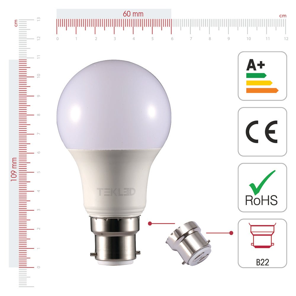 Visual representation of product measurement and certification of leo led gls bulb a60 b22 bayonet cap 10w 4000k cool white pack of 6/10 warm white 2700k