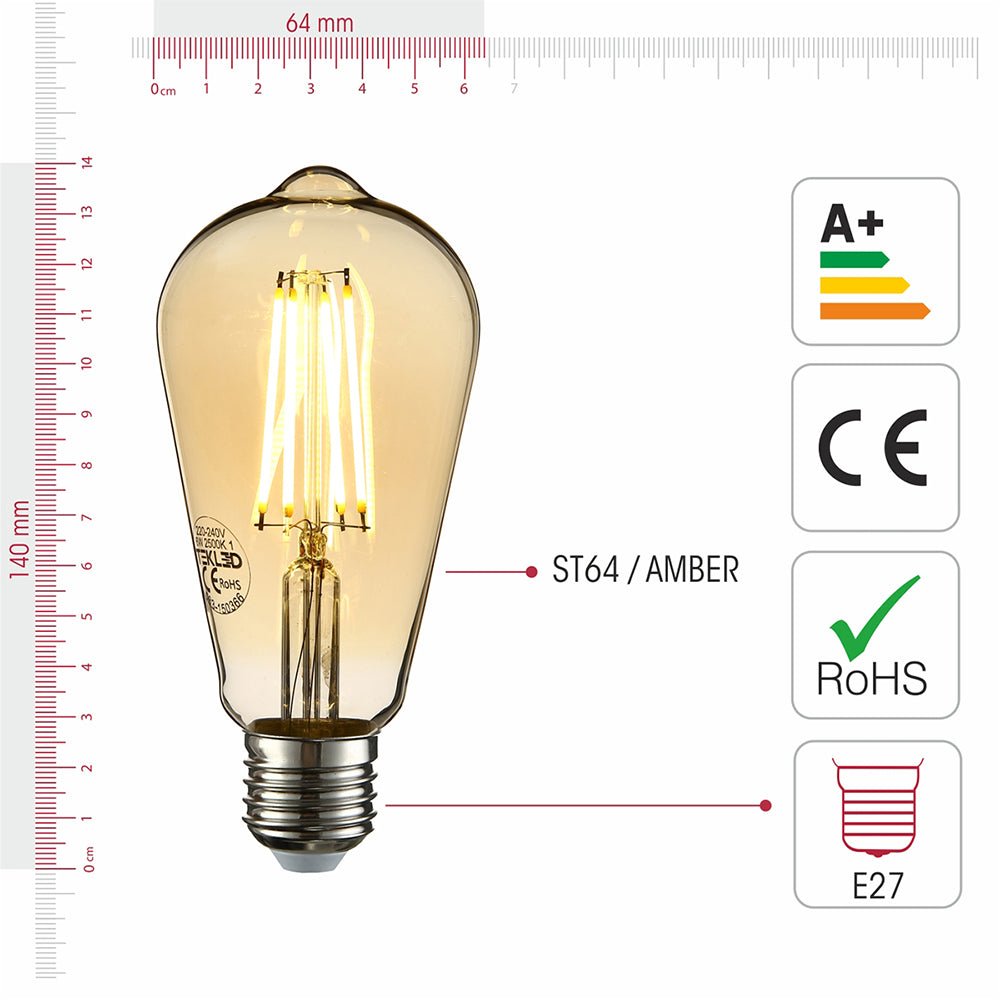 Visual representation of product measurement and certification of led filament bulb edison st64 e27 edison screw 6w 600lm warm white 2500k amber pack of 6