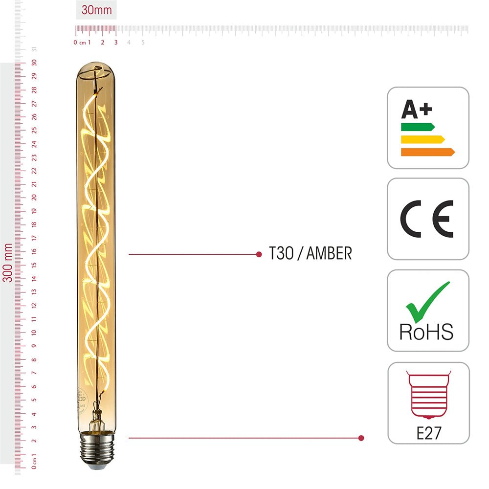Visual representation of product measurement and certification of led filament bulb tubular t30 e27 edison screw 4w 230lm warm white 2500k amber 300mm pack of 4