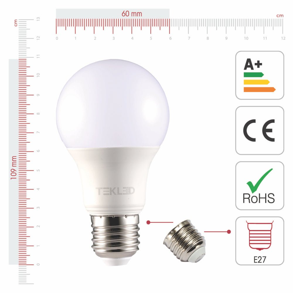 Visual representation of product measurement and certification of virgo led gls bulb a60 dimmable e27 edison screw 7w 4000k cool white pack of 2