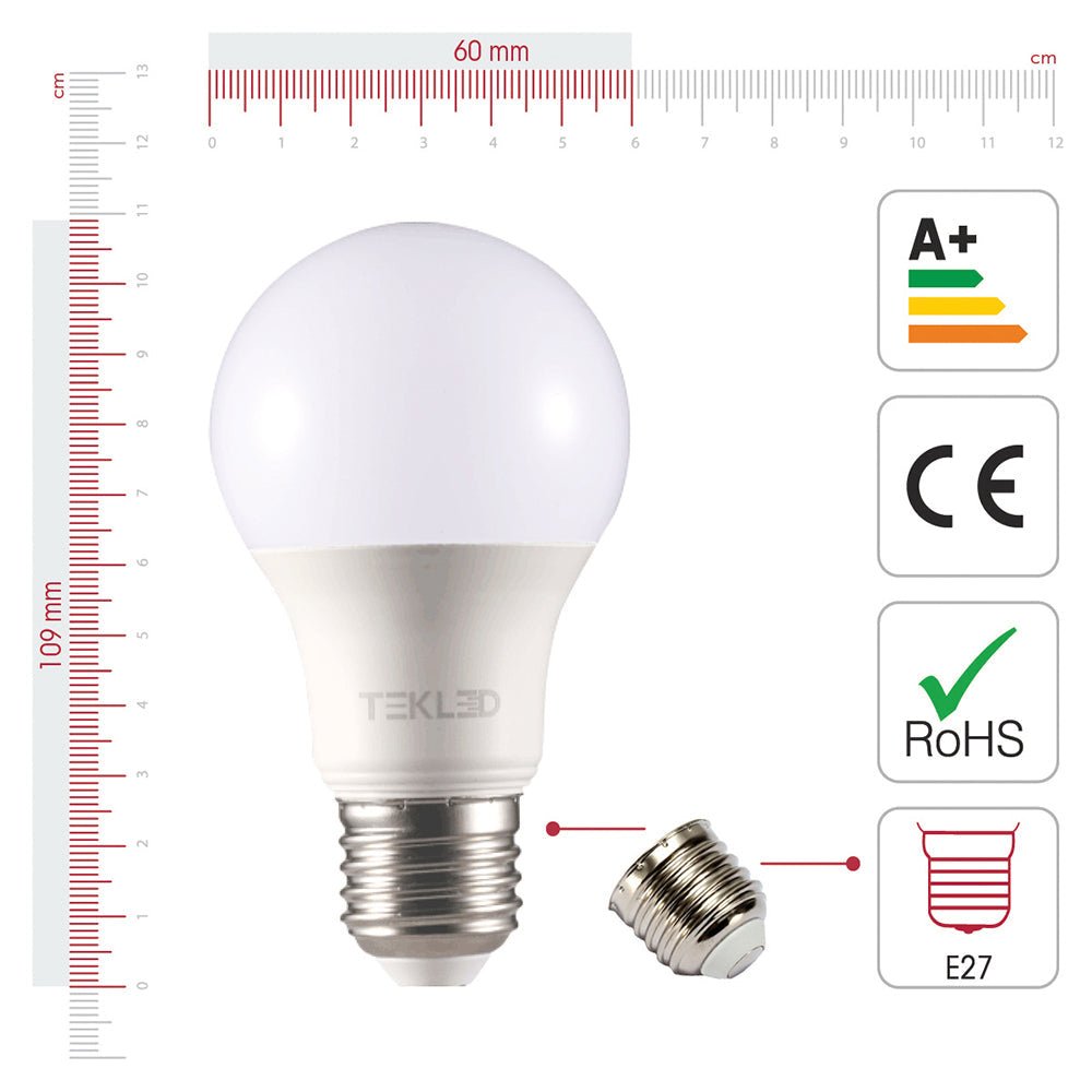 Visual representation of product measurement and certification of virgo led gls bulb a60 e27 edison screw 9w 2700k warm white pack of 6/10