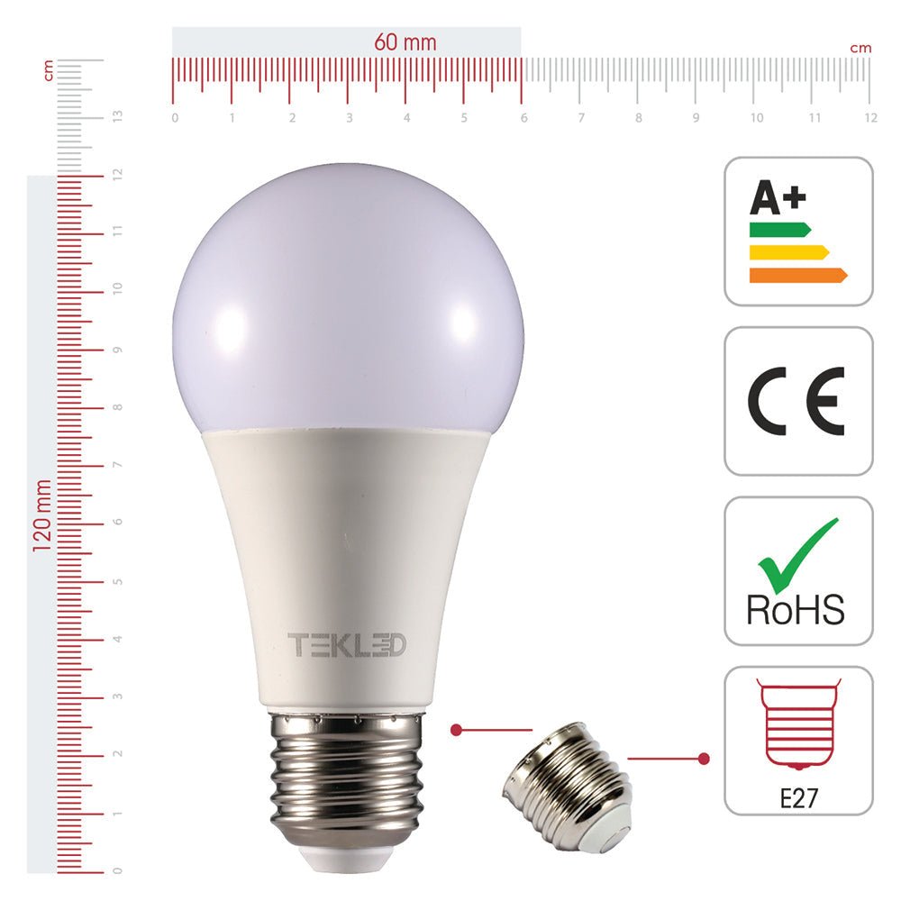 Visual representation of product measurement and certification of virgo led gls bulb a60 e27 edison screw 12w 2700k warm white pack of 6/10