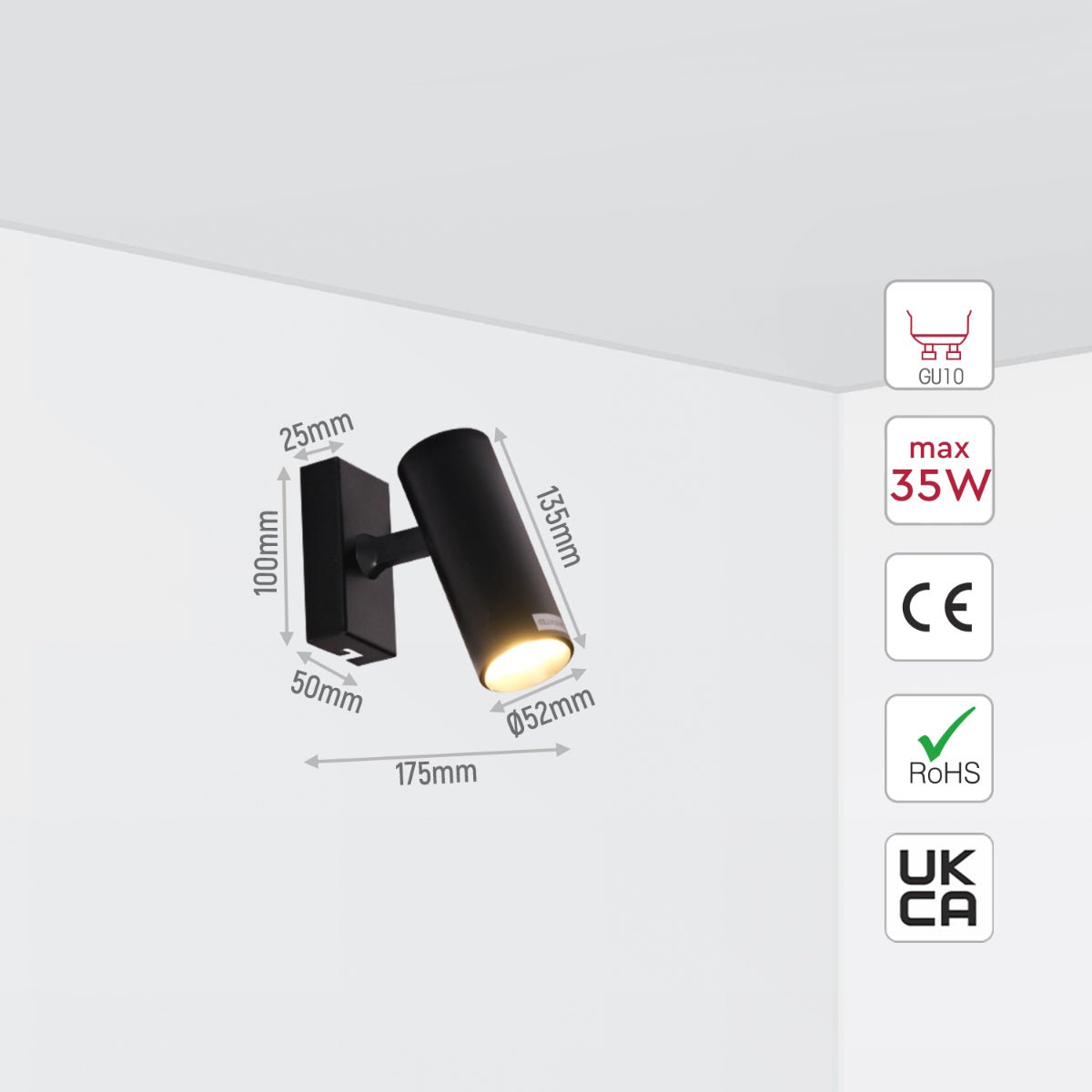 Size and specs of 1 Way Virmo Long Spotlight with GU10 Fitting Black | TEKLED 172-03088