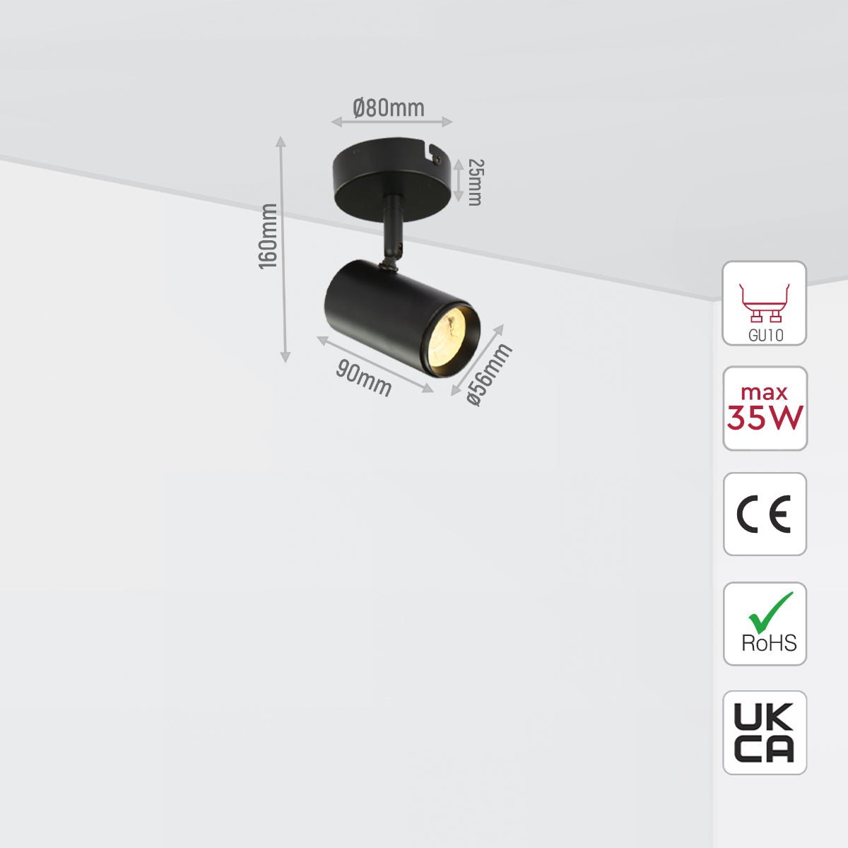 Size and specs of 1 Way Virmo Spotlight with GU10 Fitting Black | TEKLED 172-03064