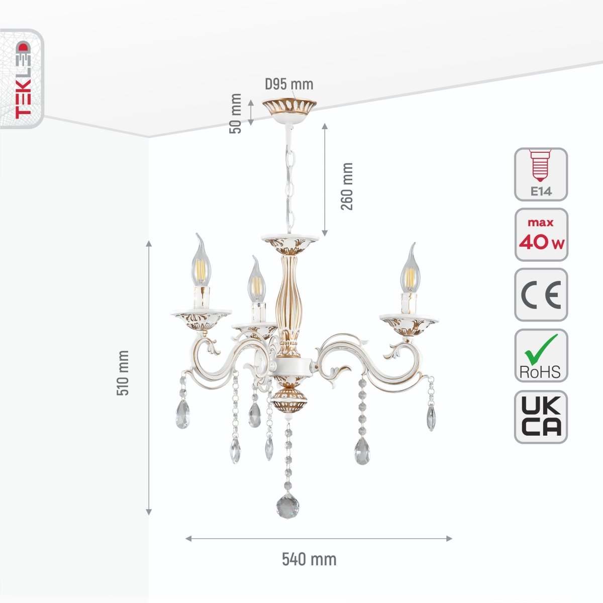 Size and specs of 3 Arm Chandelier Metal and Crystal Gold Aged Cream 3xE14 | TEKLED 159-17828