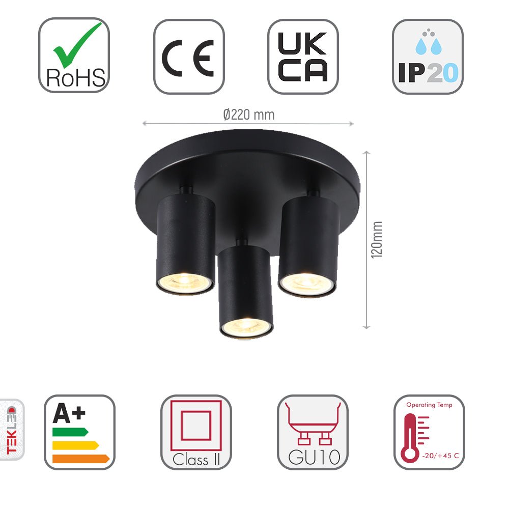 Size and specs of 3-way Spotlight Black Round Canopy with GU10 Fitting | TEKLED 172-03034