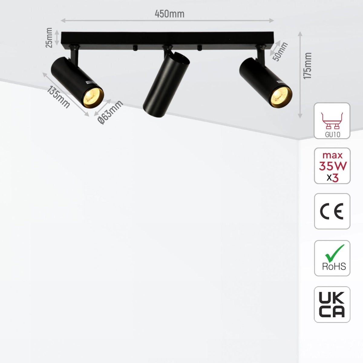 Size and specs of 3 Way Virmo Long Rod Spotlight with GU10 Fitting Black | TEKLED 172-03092