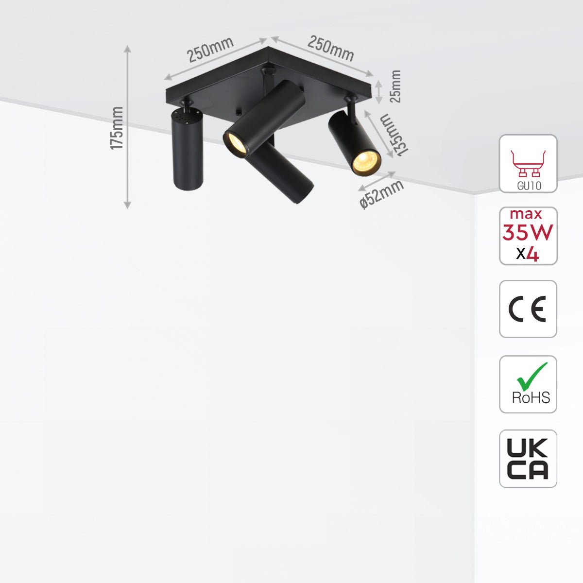 Size and specs of 4 Way Virmo Long Tray Spotlight with GU10 Fitting Black | TEKLED 172-03094