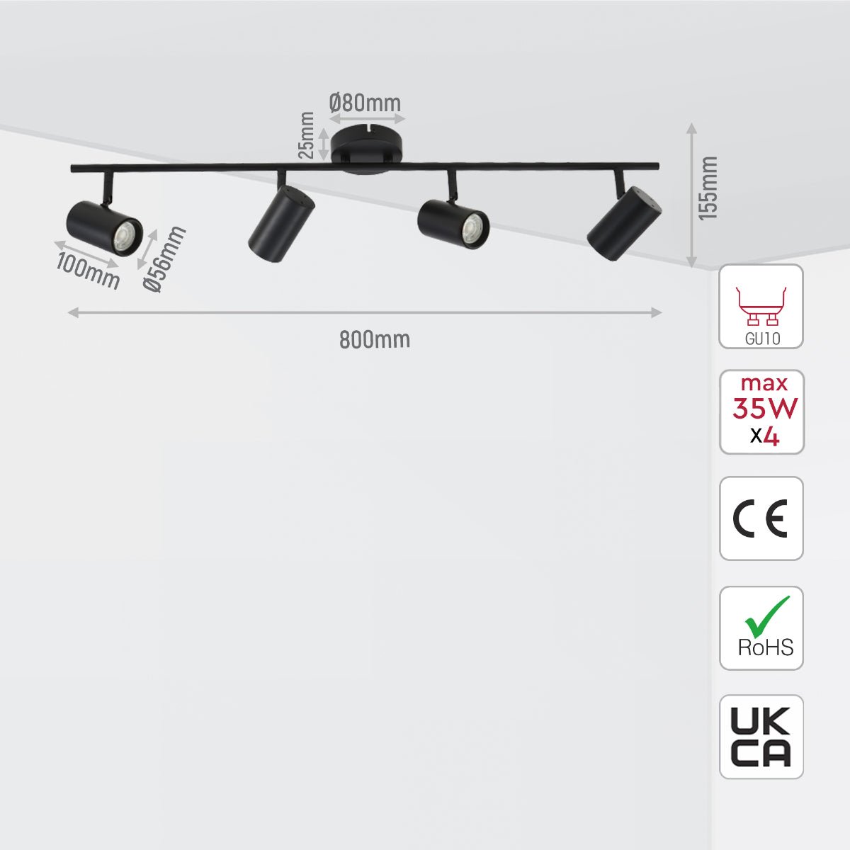 Size and specs of 4 Way Virmo Rod Spotlight with GU10 Fitting Black | TEKLED 172-03070