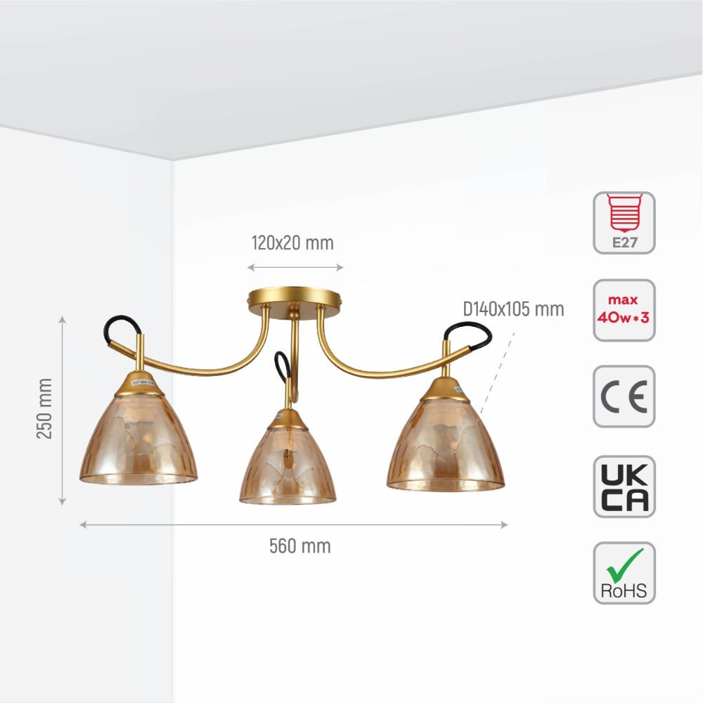 Size and specs of Amber Cone Glass Gold Semi Flush Ceiling Light E27 | TEKLED 159-17640