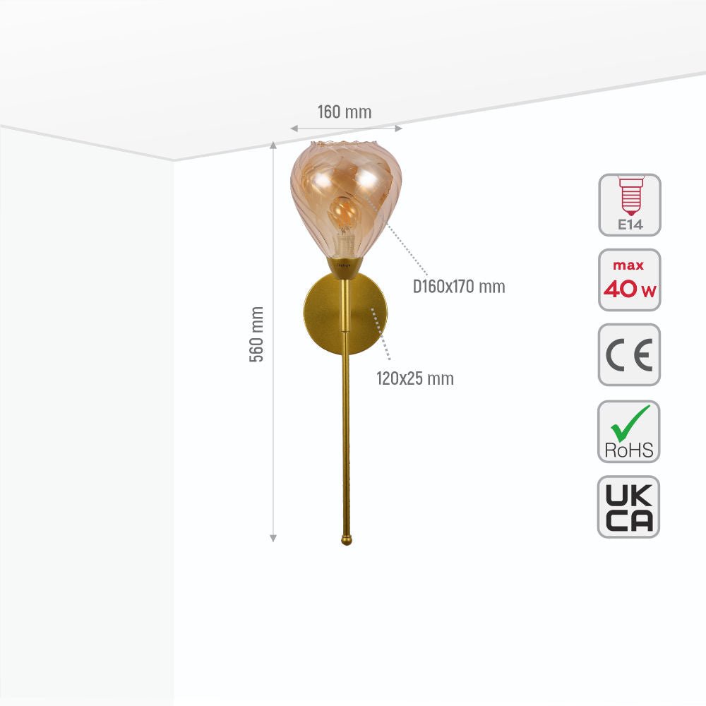 Size and specs of Amber Cone Patterned Glass Gold Metal Sconce Wall Light with E14 Fitting | TEKLED 150-18328