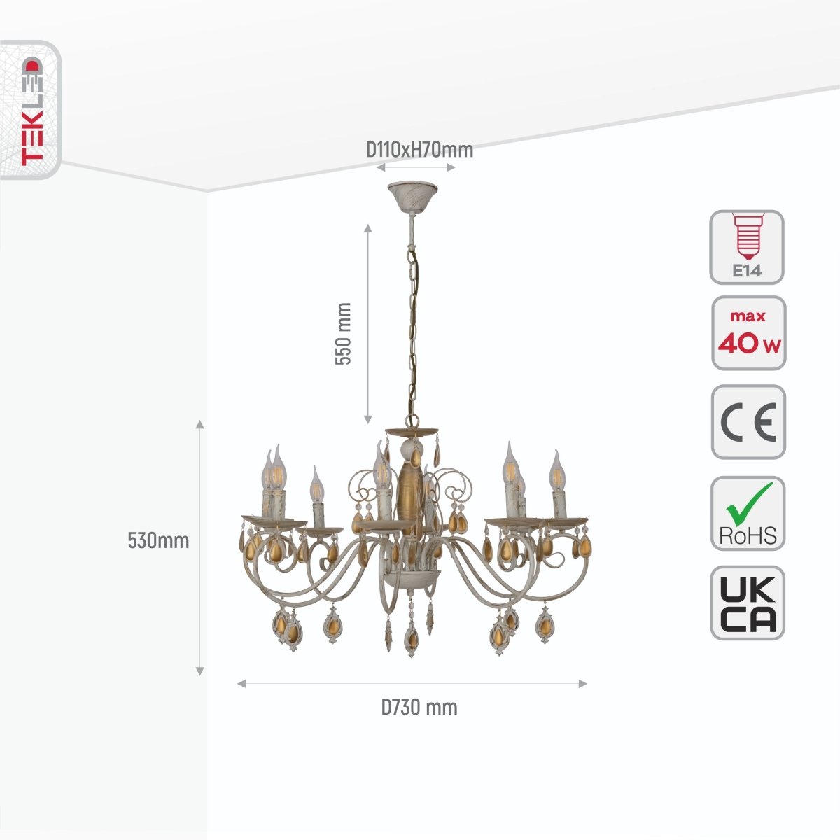 Size and specs of Amber Crystal Gold and White Metal 8 Arm Chandelier with E14 Fitting | TEKLED 158-19444