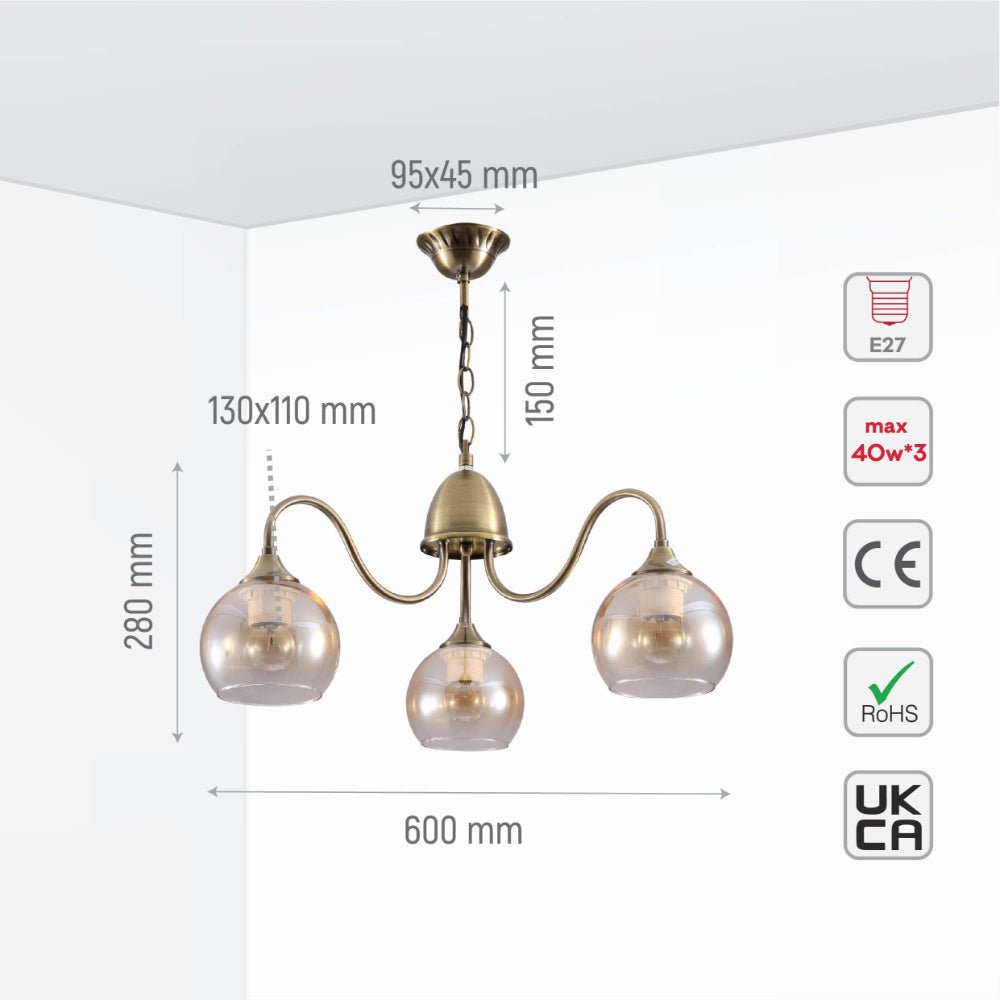 Size and specs of Amber Dome Glass Antique Brass Swan Chandelier Ceiling Light | TEKLED 159-17768