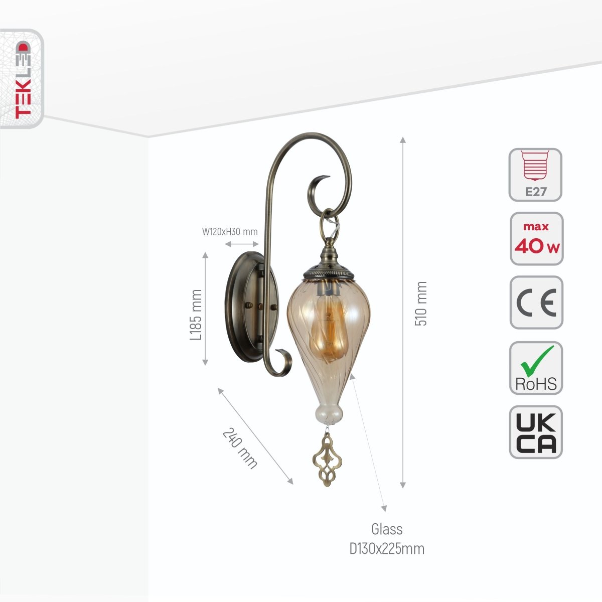 Size and specs of Amber Glass Antique Bronze Metal Body Moroccan Style Wall Light with E27 Fitting | TEKLED 151-19452