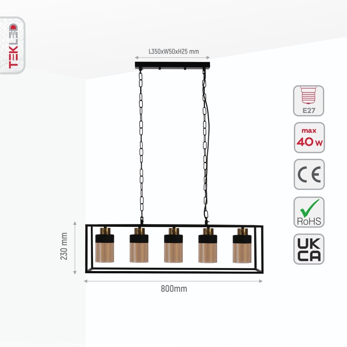Size and specs of Amber Glass Black Metal Body Island Chandelier with 5xE27 Fitting | TEKLED 159-17398