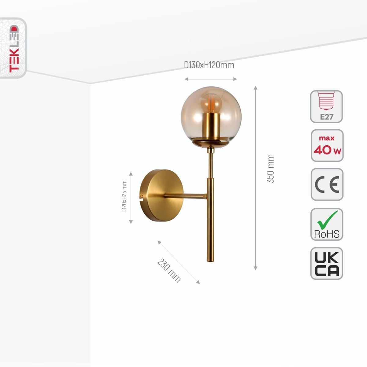 Size and specs of Amber Glass Gold Metal Wall Light with E27 Fitting | TEKLED 151-19716