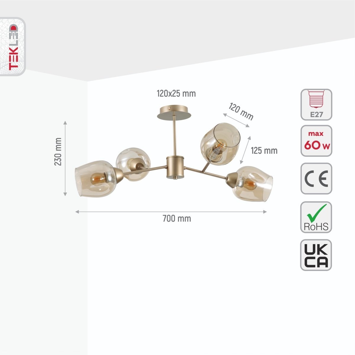 Size and specs of Amber Glass Metalic Gold Branch Twig Semi Flush Modern Ceiling Light with 4xE27 Fitting | TEKLED 159-17810