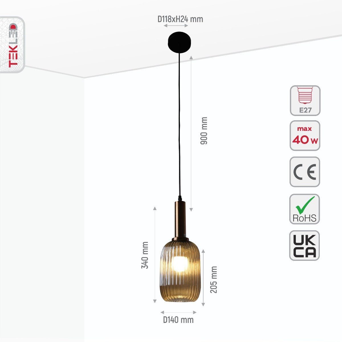 Size and specs of Amber Glass S Pendant Light with E27 Fitting | TEKLED 158-19600