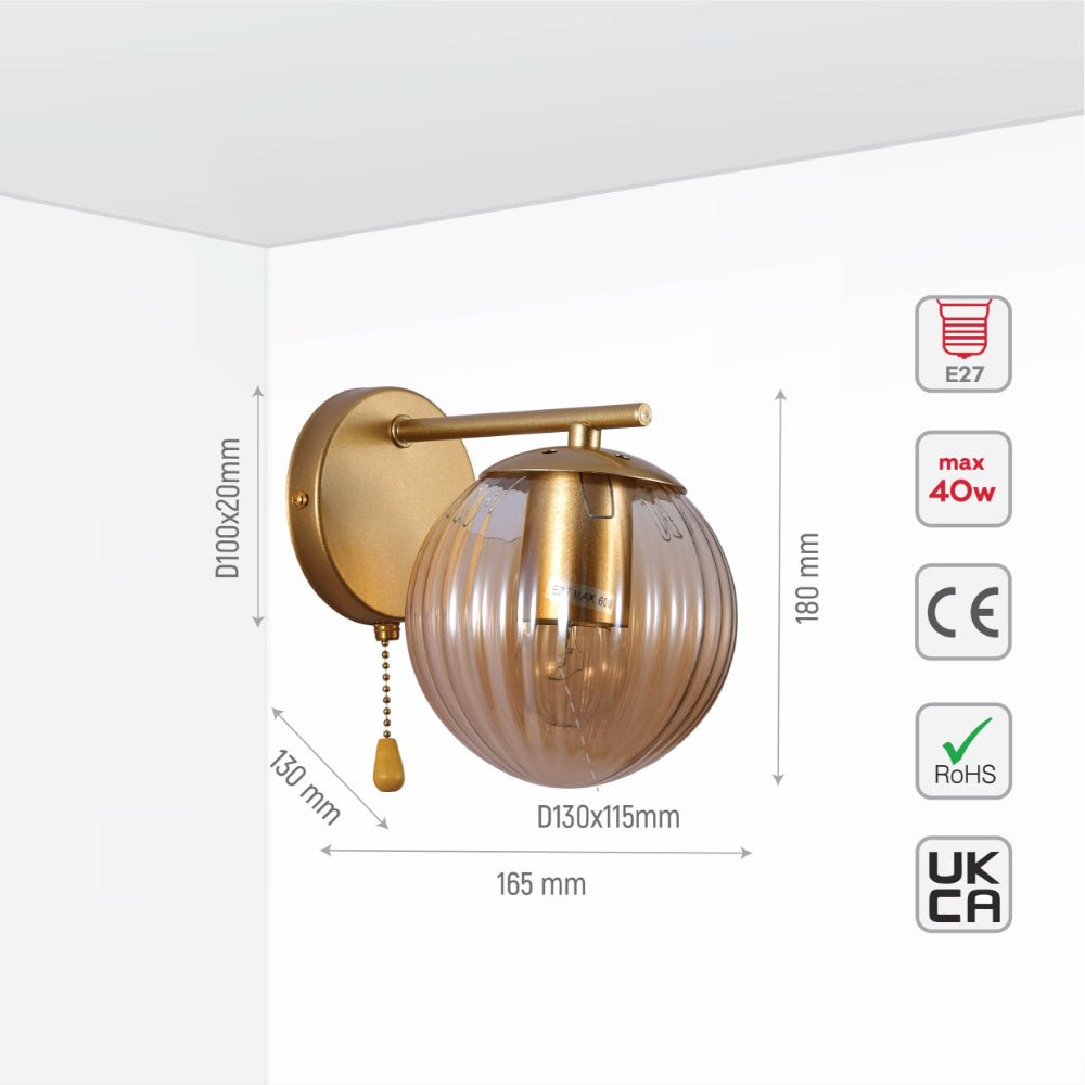 Size and specs of Amber Reeded Globe Gold Wall Light E27 Pull Down Switch | TEKLED 151-19790