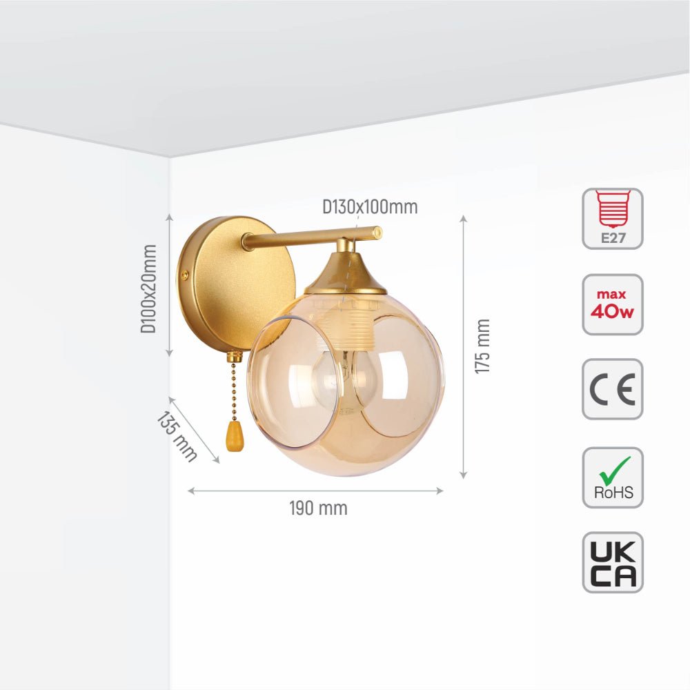 Size and specs of Amber Sides Open Globe Glass Gold Wall Light E27 Pull Down Switch | TEKLED 151-19770
