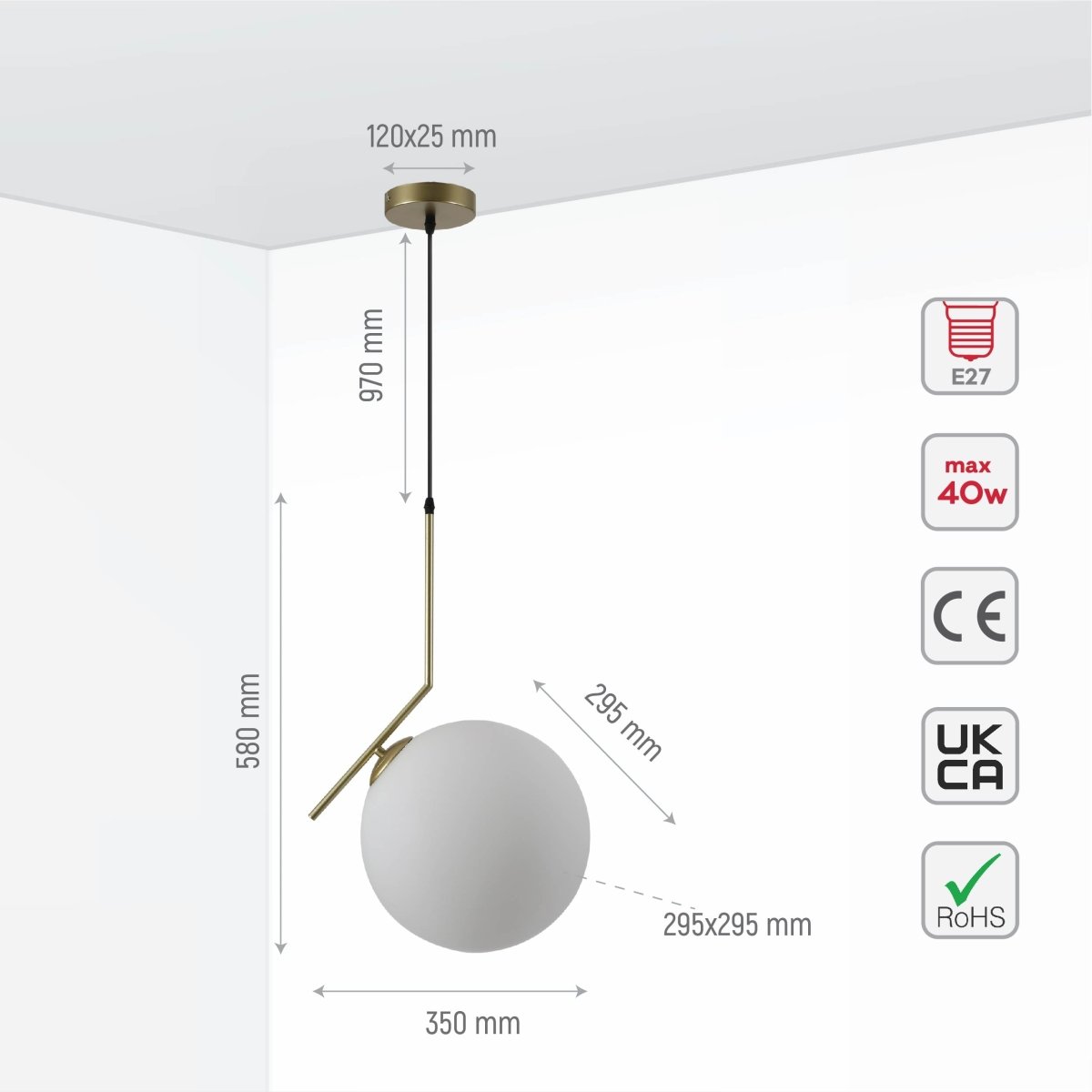 Size and specs of Antique Brass Metal Opal White Glass Globe Pendant Ceiling Light D200 with E27 Fitting | TEKLED 158-19662